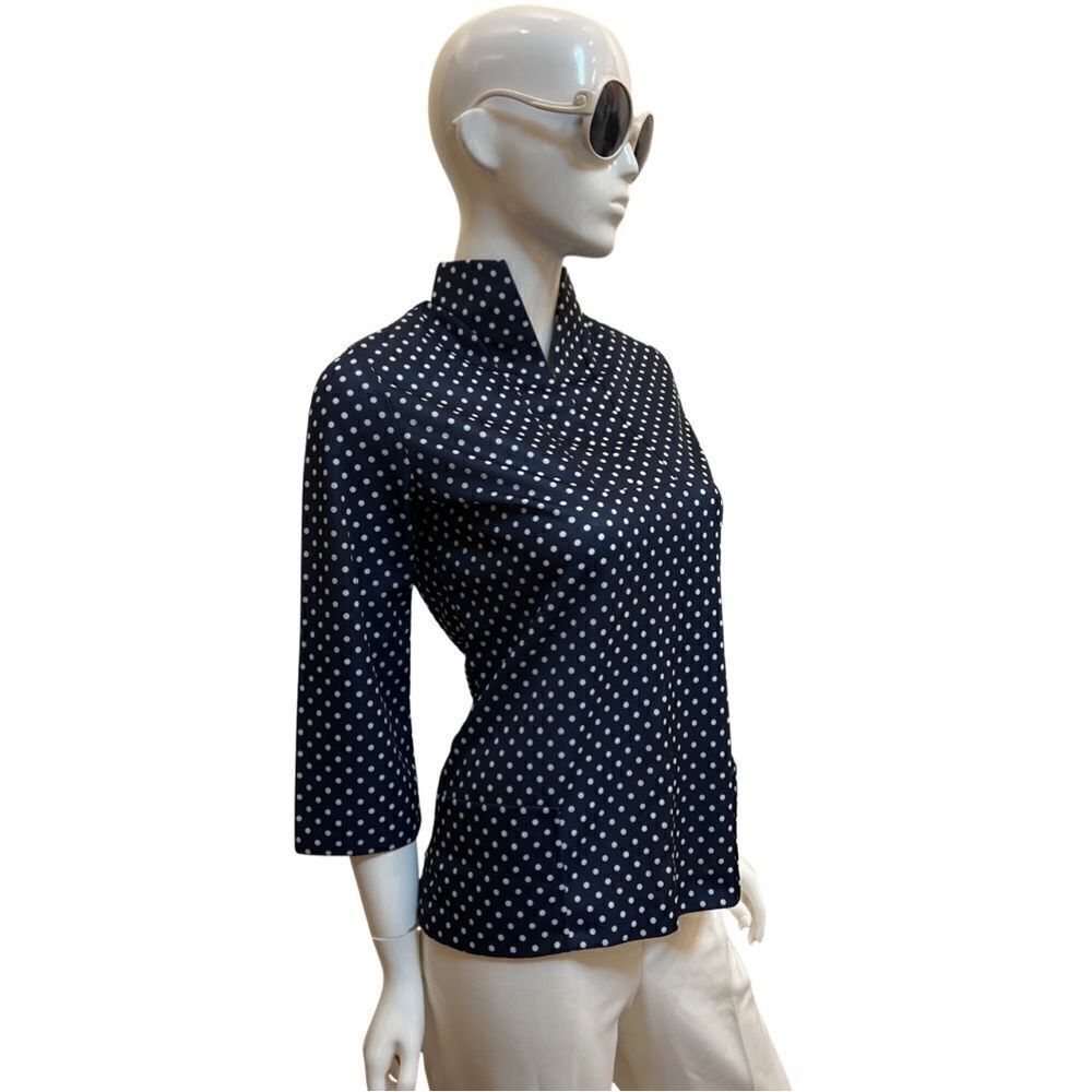 Vintage Handmade 1970s Navy Polka Dot Slit Neck 2 Pocket Popover Blouse - Picture 2 of 5